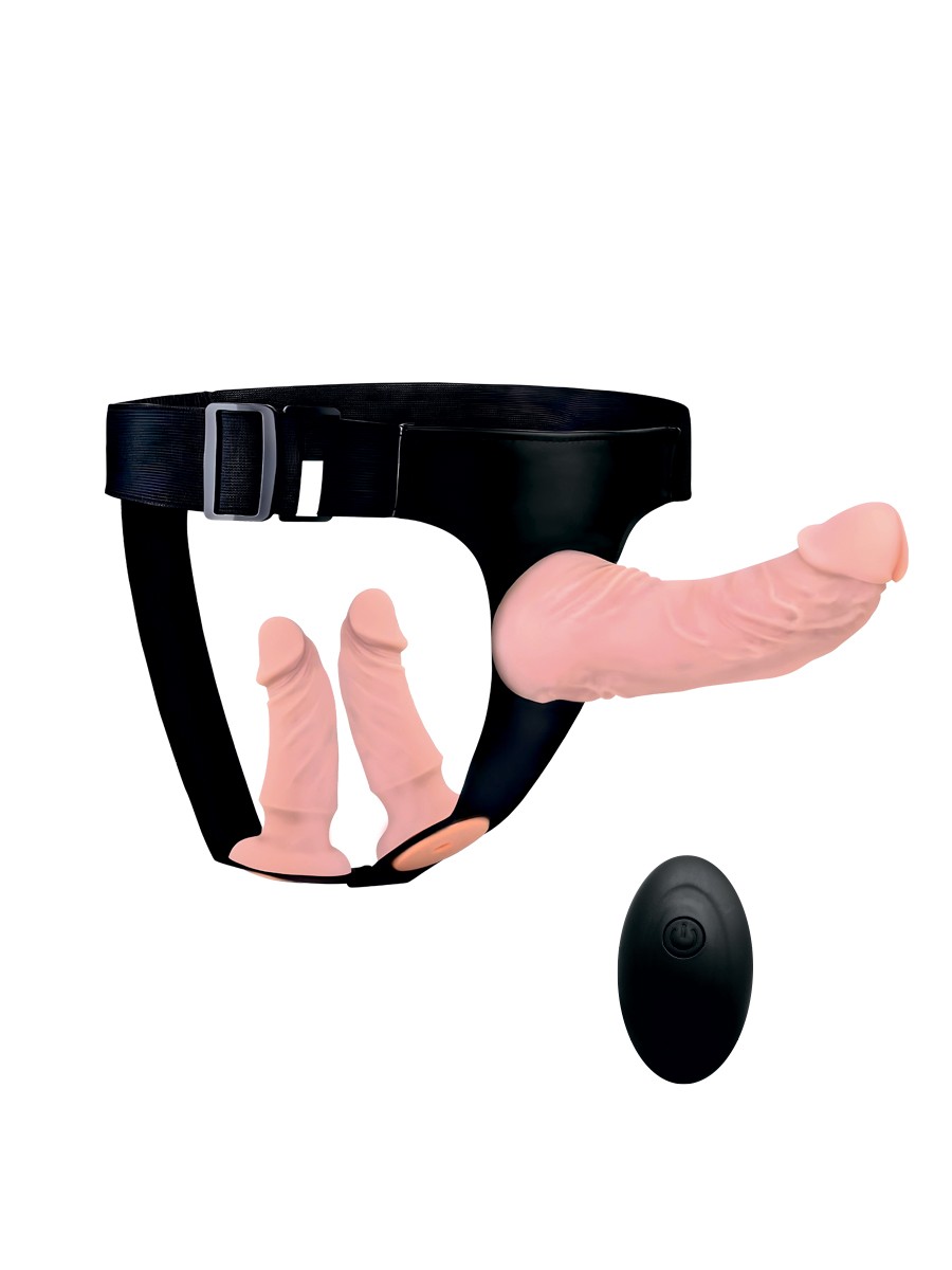 Перезаряжаемый страпон с пультом ДУ, три насадки, 10 режимов вибрации,  длина 20+12,5+12,5 см; диаметр 5+3,5+3,5 см 