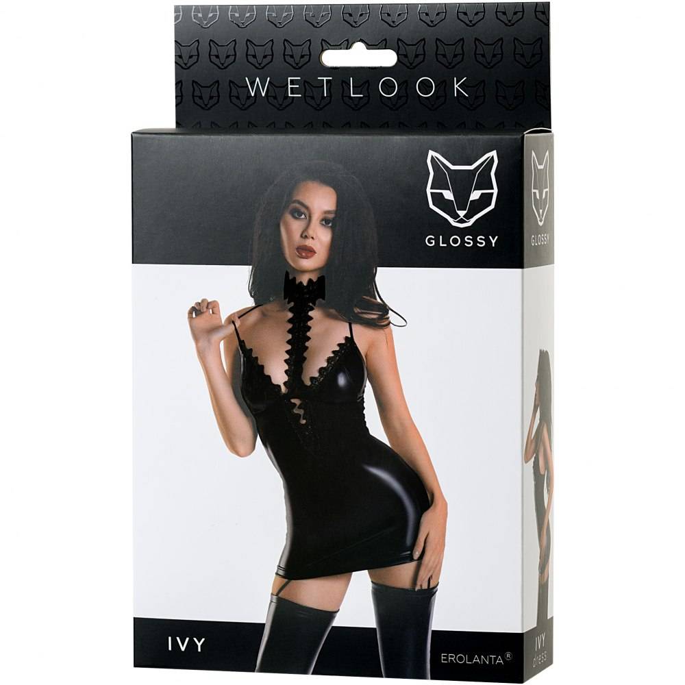 Эффектное платье   IVY с кружевным чокером и пажами, wetlook, черное,  разм. M