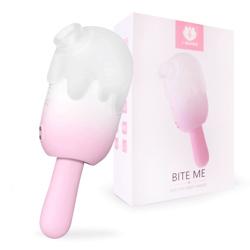 Компактный вибратор BITE ME ЭСКИМО многорежимный, силикон, цвет - нежный белый/розовый, 14,8(5,3)х3,5 см